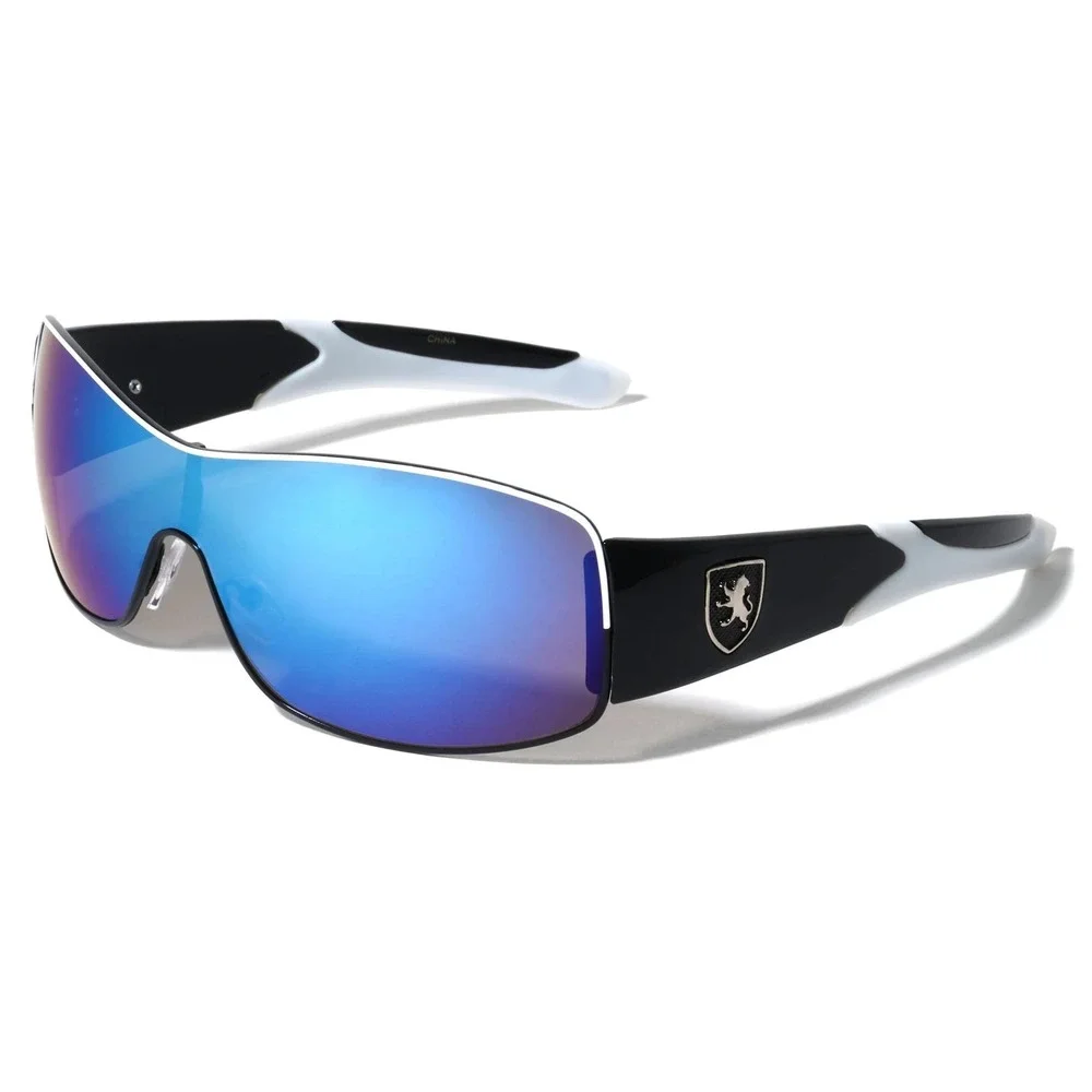 Women Shield Sunglasses Blue Mirrored Black White Wraparound Frame Lentes Gafas‎